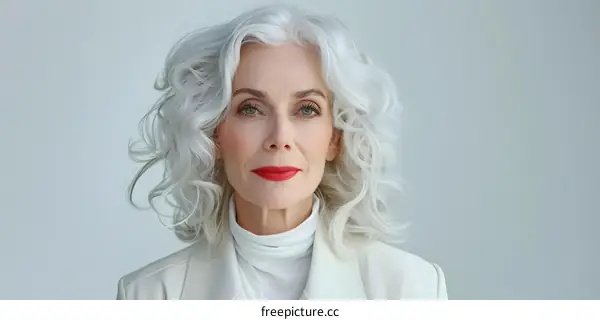 Portrait of a Senior Woman with White Hair and Red Lipstick