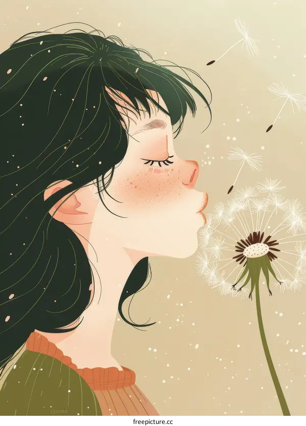 Dreamy Girl Blowing Dandelion Seeds