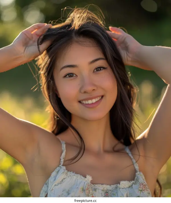 Portrait of a young Asian woman smiling outdoors