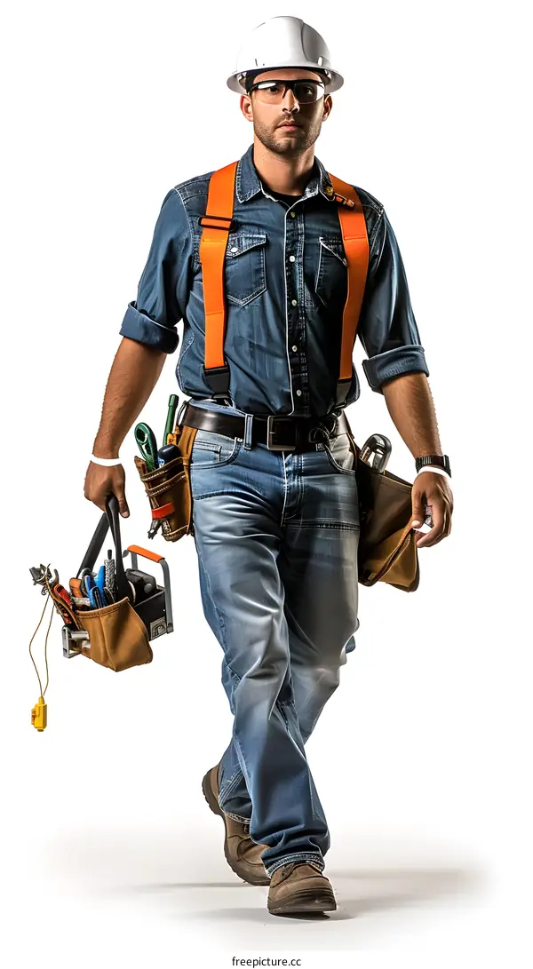 A construction worker wearing a hard hat, safety glasses, and tool belt carries a toolbox.