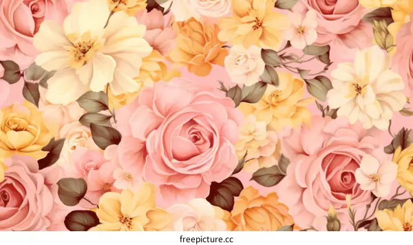 Pink and yellow roses and other flowers