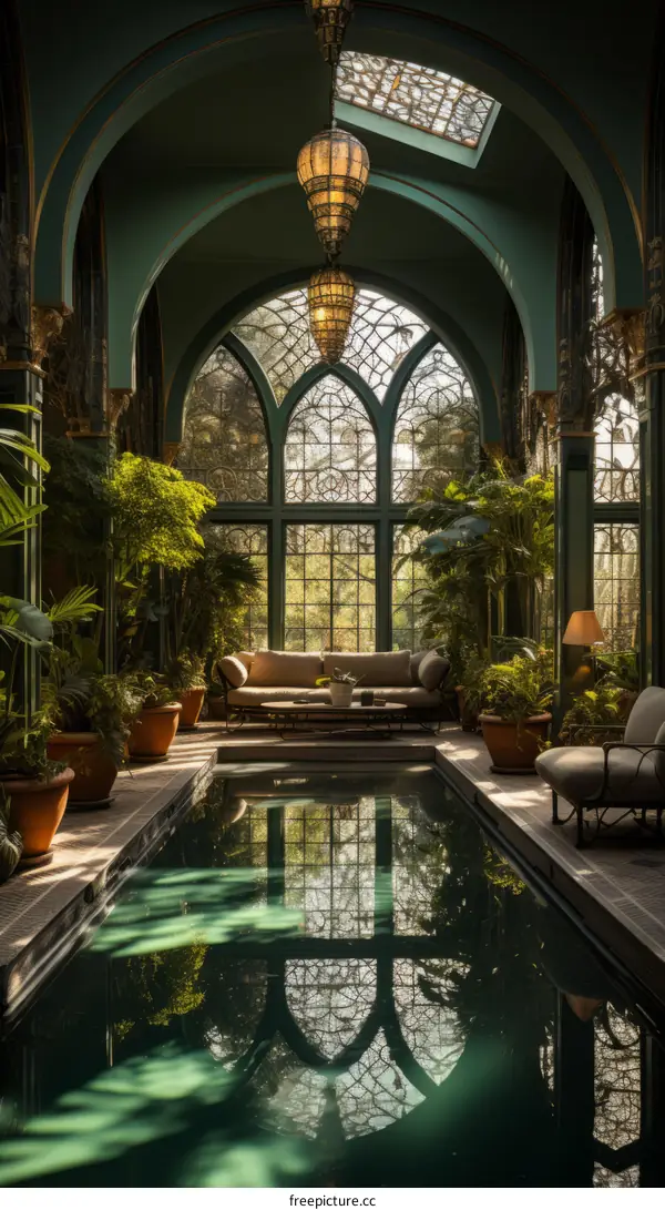 Indoor swimming pool with plants and large windows