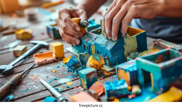 A person is making a model house with colorful clay.