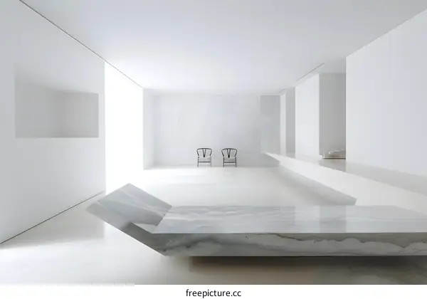 Minimalist Interior Design with White Walls and Marble Table