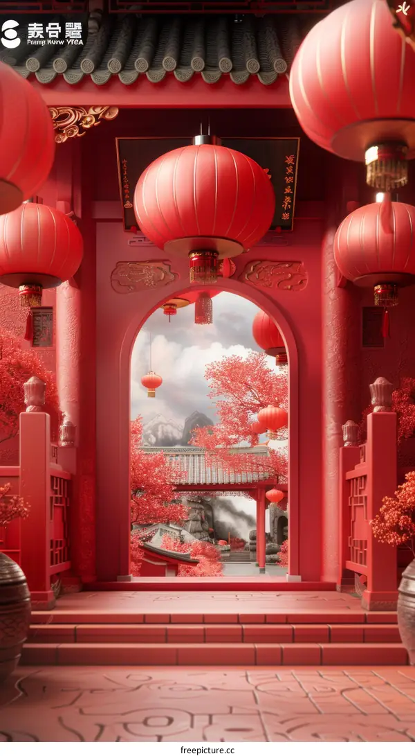 Digital Chinese Architecture with Red Lanterns