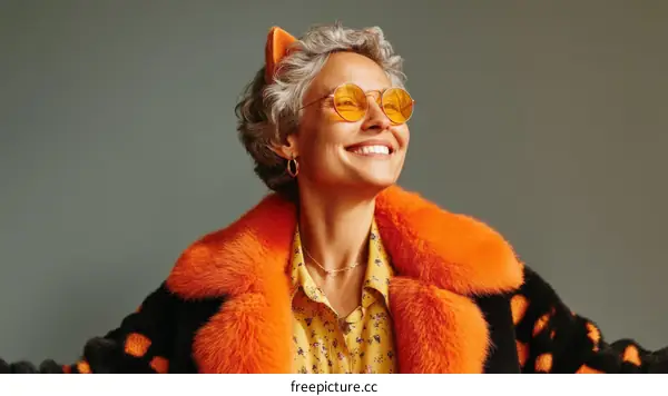 Stylish Woman in Orange Fur Coat and Yellow Glasses
