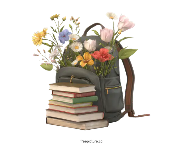 [Transparent Background PNG]Backpack Filled with Flowers and Books Illustrative Design