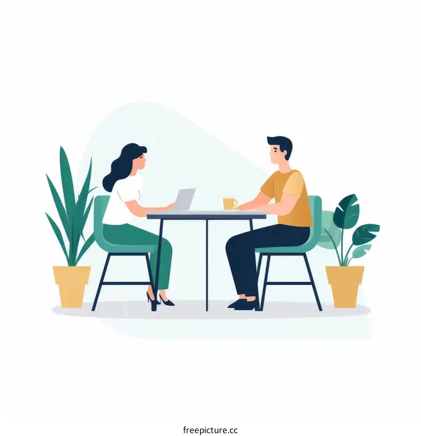 A man and a woman are sitting at a table and talking
