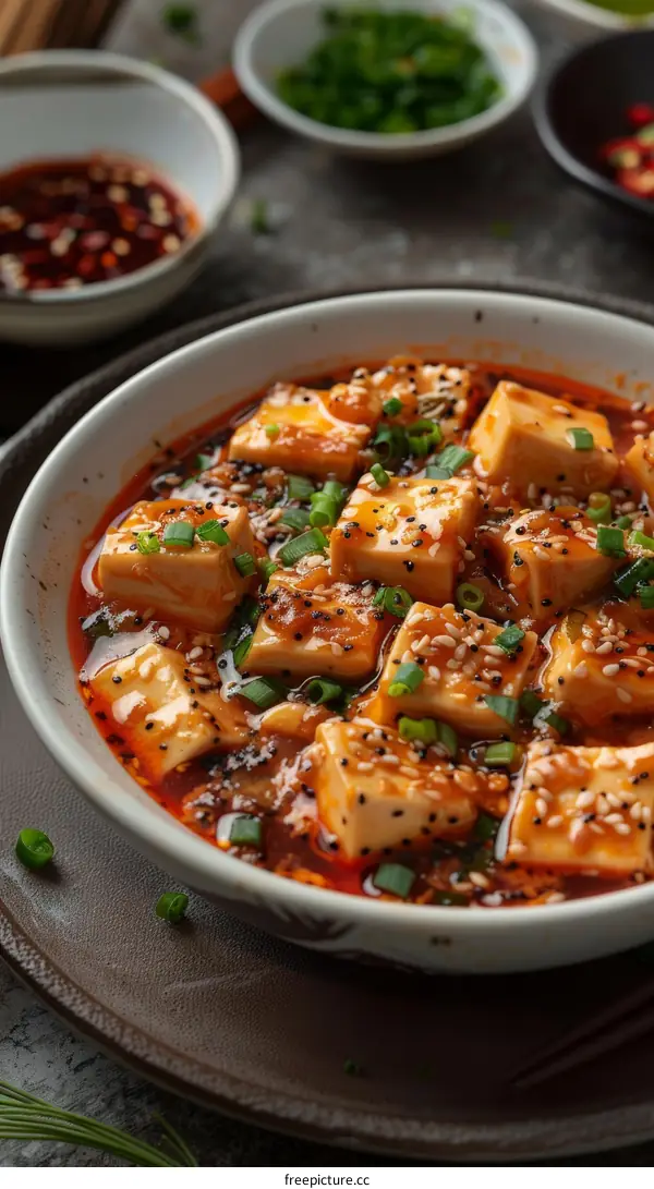 Mala tofu in a white bowl with chili oil and spring onions