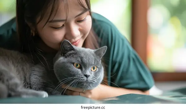 A young woman is hugging a gray cat.