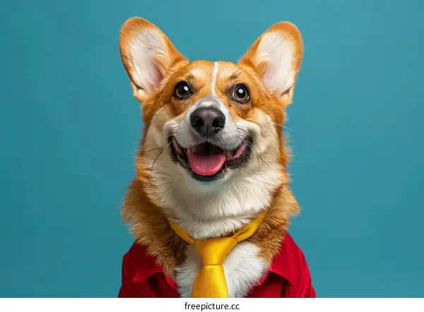 A happy corgi dog wearing a red shirt and yellow tie