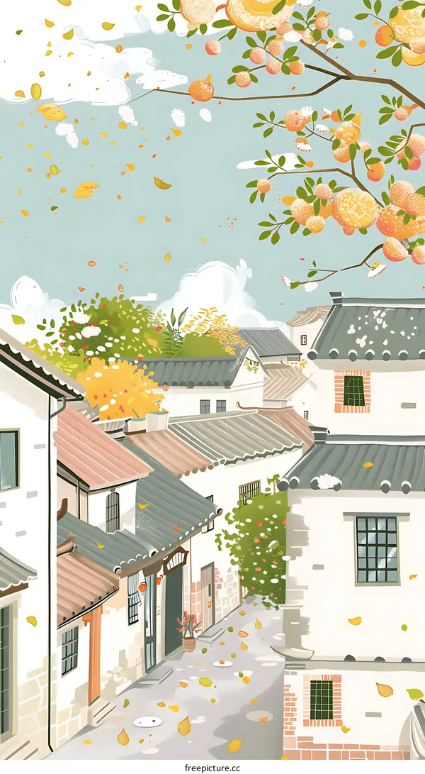 Autumn Leaves Falling on the Street of a Chinese Village