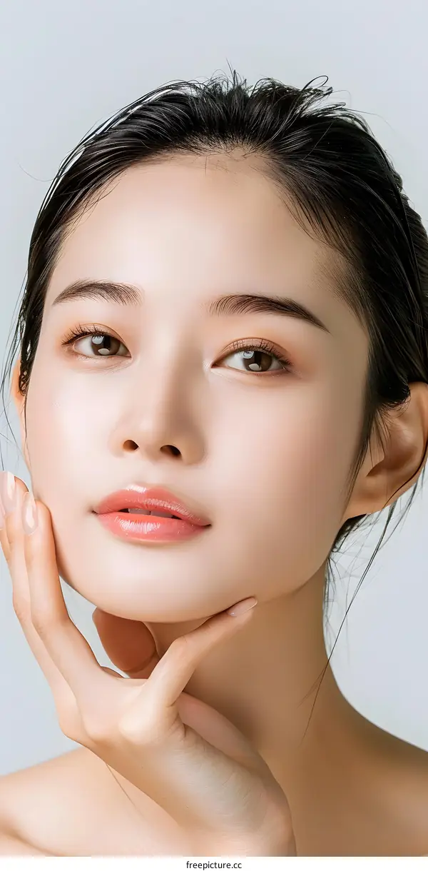 Close Up Portrait of Asian Woman with Smooth Skin and Makeup