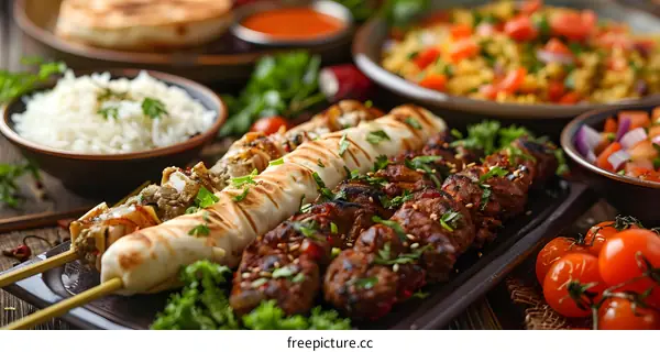 Grilled meat skewers with rice and vegetables