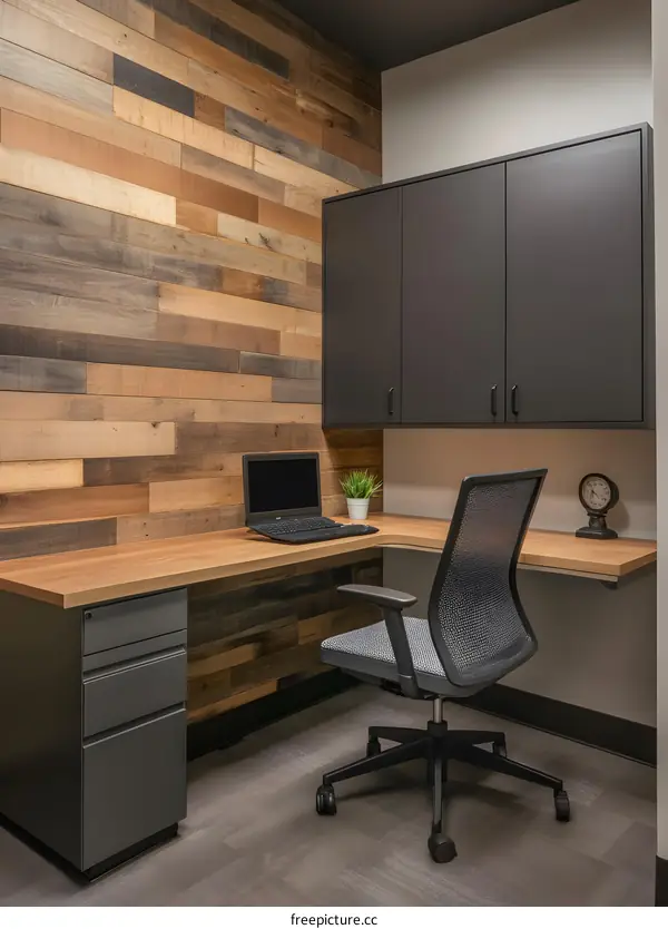 Modern Office Desk with Reclaimed Wood Wall