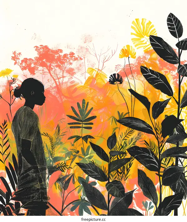 Woman Standing in a Jungle with Large Leaves