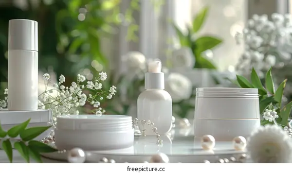White cosmetic bottles and jars with pearls and flowers