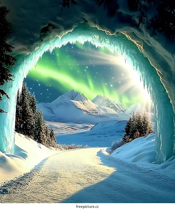 Winter Landscape with Aurora Borealis Through Ice Cave