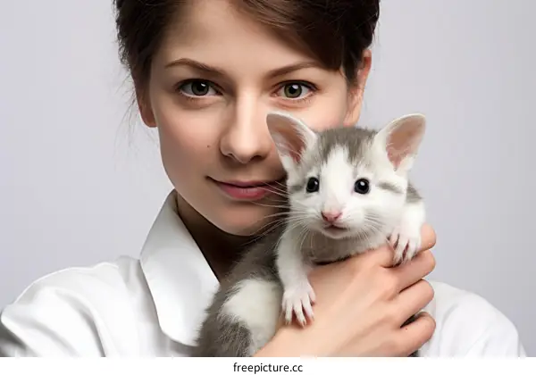 A young woman is holding a small kitten in her hands