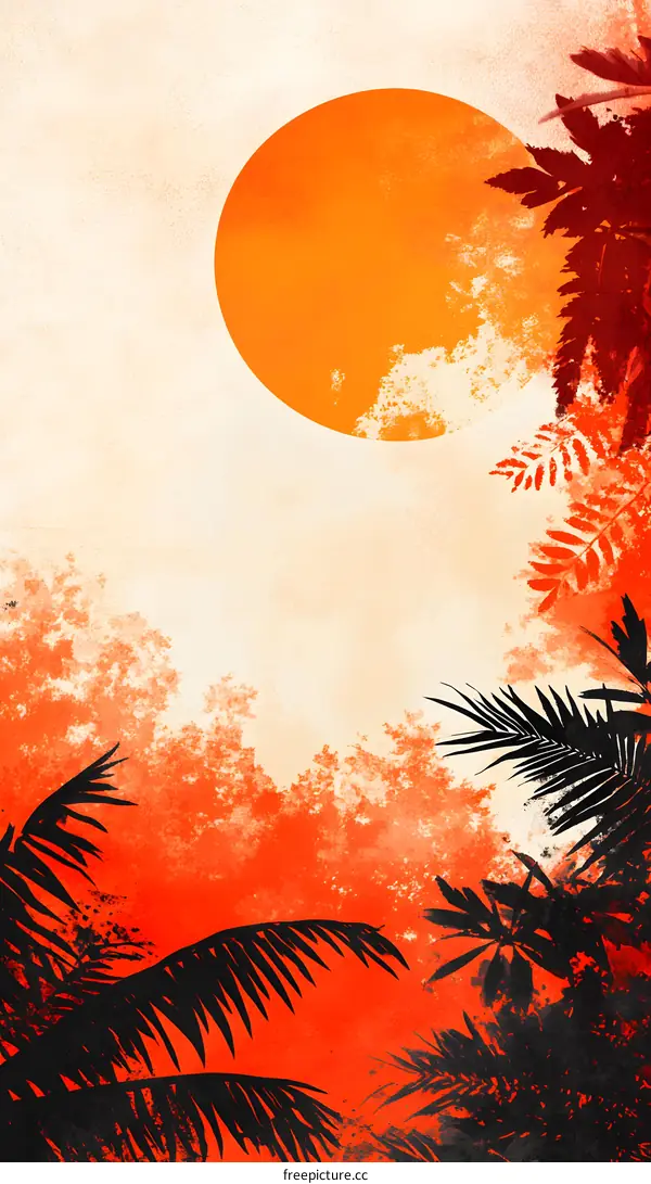 Tropical Sunset Watercolor Illustration with Palm Trees