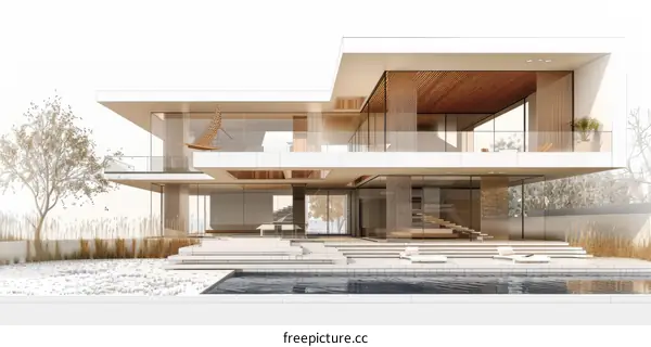 Modern house with large glass windows and a swimming pool