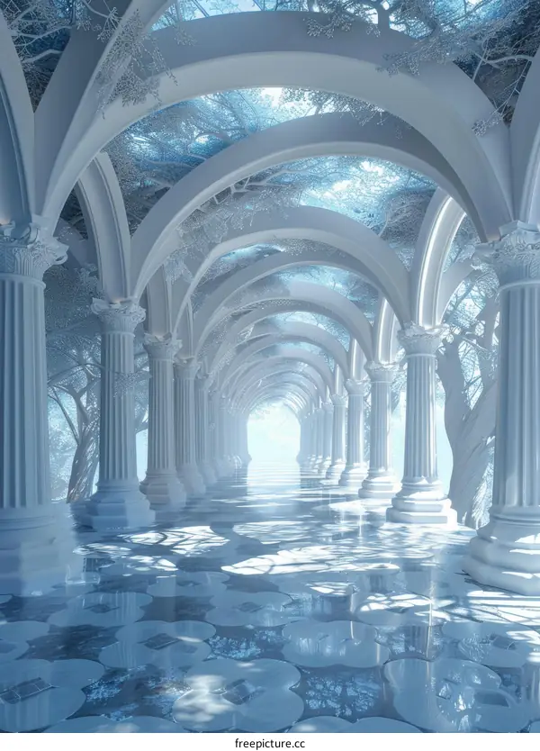 Mystical White Marble Corridor with Crystal Trees