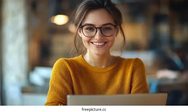 Smiling Woman Wearing Glasses Working on Laptop