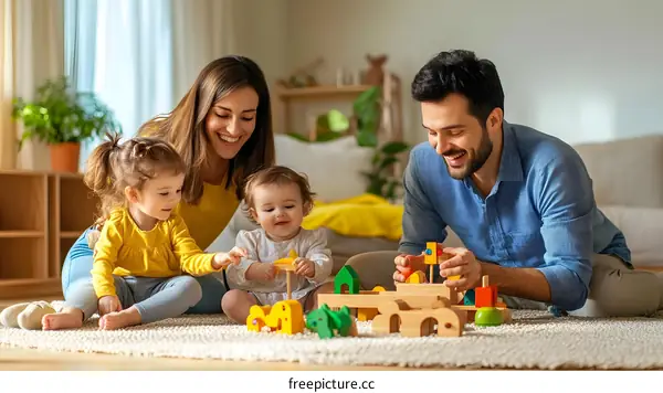 Family Playing with Wooden Toys at Home