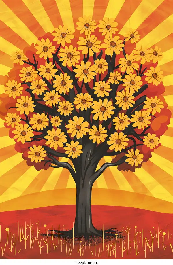 Yellow Flower Tree Illustration With Sunburst Background