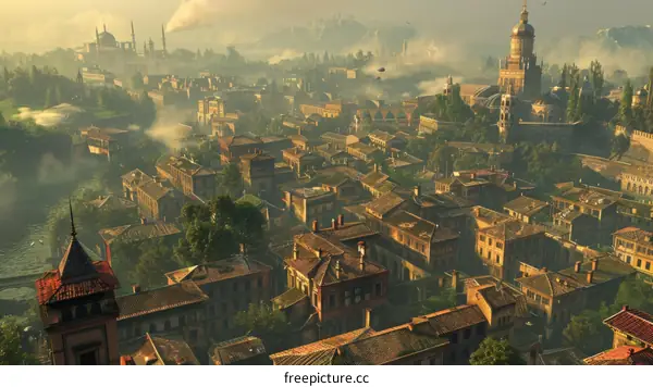 An aerial perspective of a bustling city teeming with buildings, lined with lush trees, and bisected by a winding river