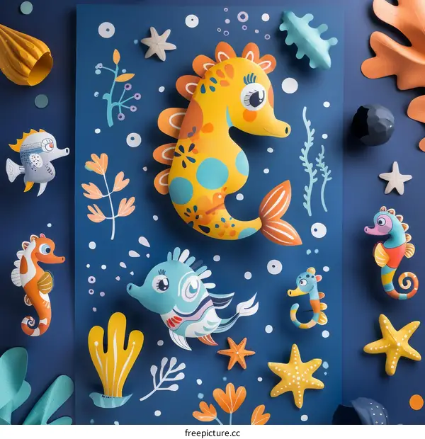 Colorful paper cut out of a school of tropical fish