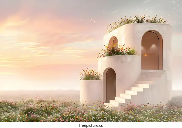 Minimalist White Building with Flower Garden and Pink Sky