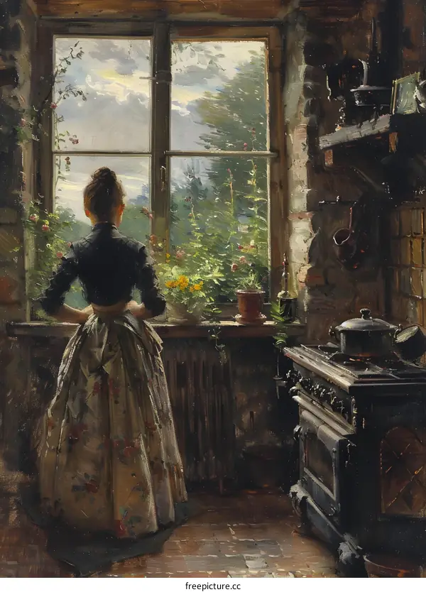 A woman standing in front of a window looking out at a garden