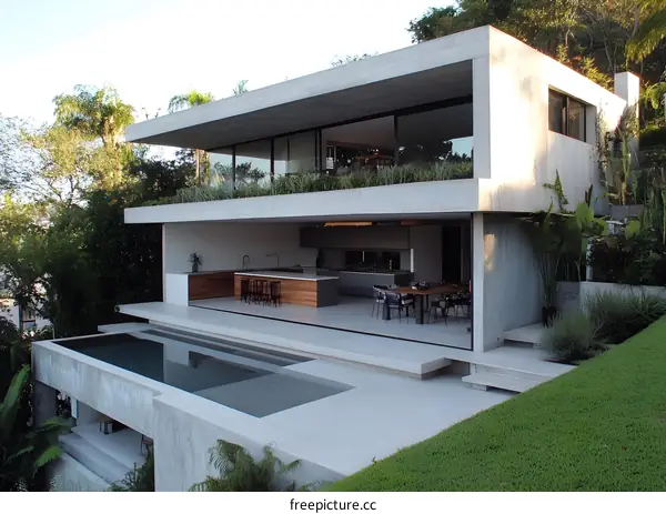 Modern Concrete House with Pool and Green Landscaping