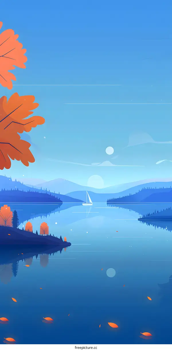 Autumn Lake with Sailing Boat Illustration