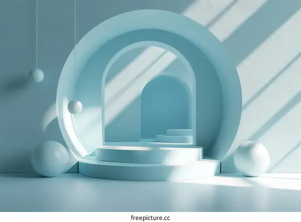 Minimalist blue podium with geometric shapes for product display