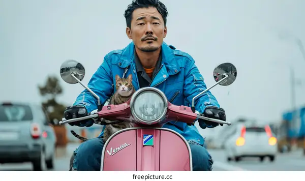 A man riding a scooter with a cat on his shoulder