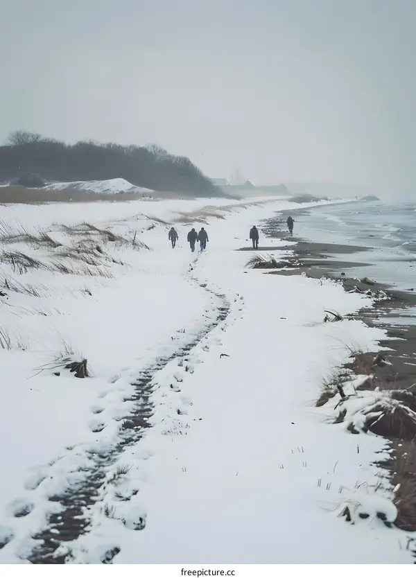 Footprints in the Snow on a Beach with People Walking Away
