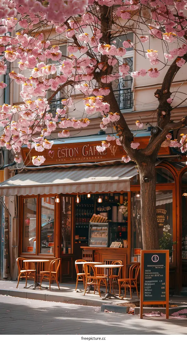 European-style cafes with pink cherry blossoms in full bloom