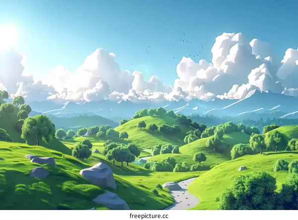 Vibrant Cartoon Landscape with Green Hills and Blue Sky