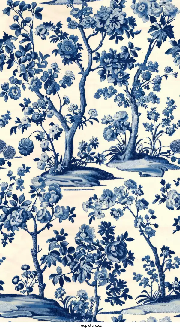 Blue and White Chinoiserie Floral Pattern with Pagoda, Crane, and Flowers