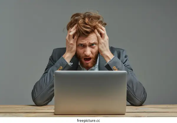 Frustrated young businessman sitting at his desk