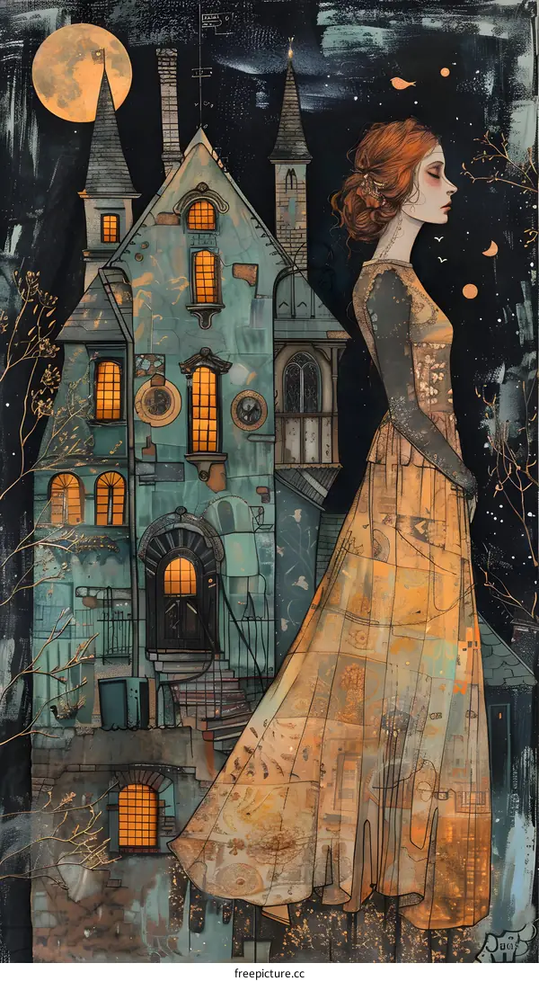 A woman standing in front of a haunted house