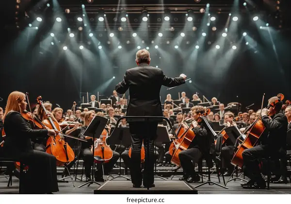 A conductor leads an orchestra in a performance