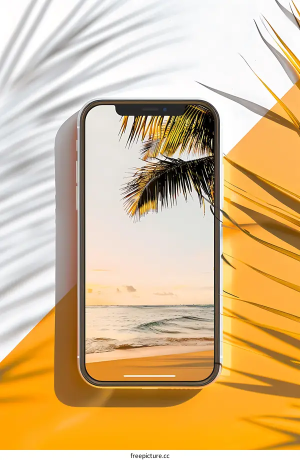 Mobile Phone Mockup with Tropical Beach Wallpaper on Yellow Background