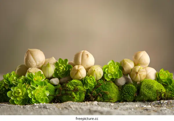 Green Succulents and White Flowers on a Stone Surface