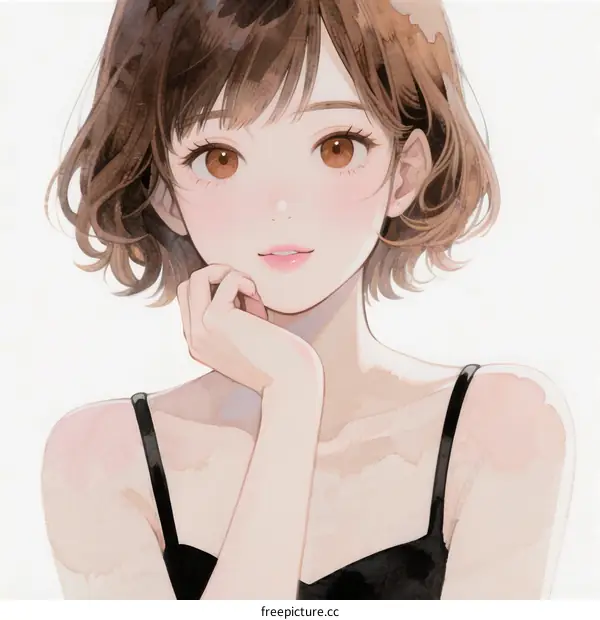 A Young Woman with Short Curly Hair and Hand Under Chin