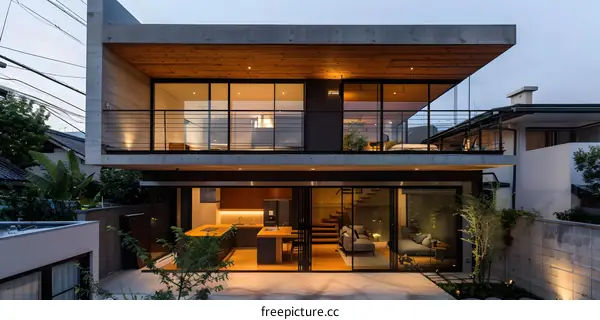 Modern Concrete House with Wooden Accents and Glass Doors