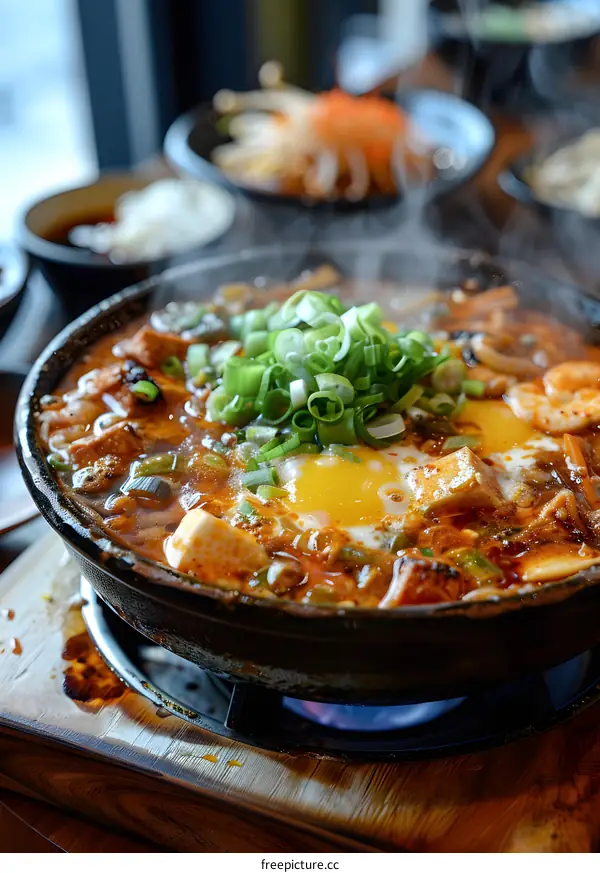 A delicious and healthy meal of tofu, vegetables, and egg in a hot stone bowl.