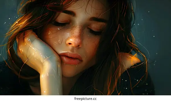 portrait of a crying woman with freckles